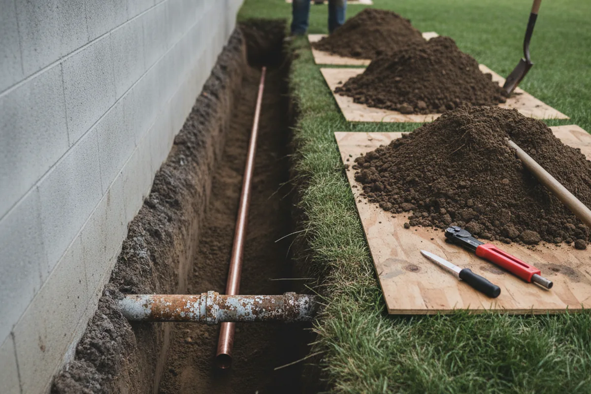 Excavated water line trench during Water Softener Installation in Rockland